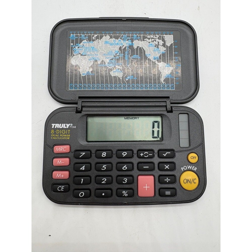 TRULY 713-8 Electronic Dual Power Calculator 8-Digit Folding World Time Map